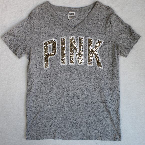 Victorias  Secret PINK T Shirt Tee Women Small Gray Sequin Bling Logo Y2K Campus - Picture 1 of 7